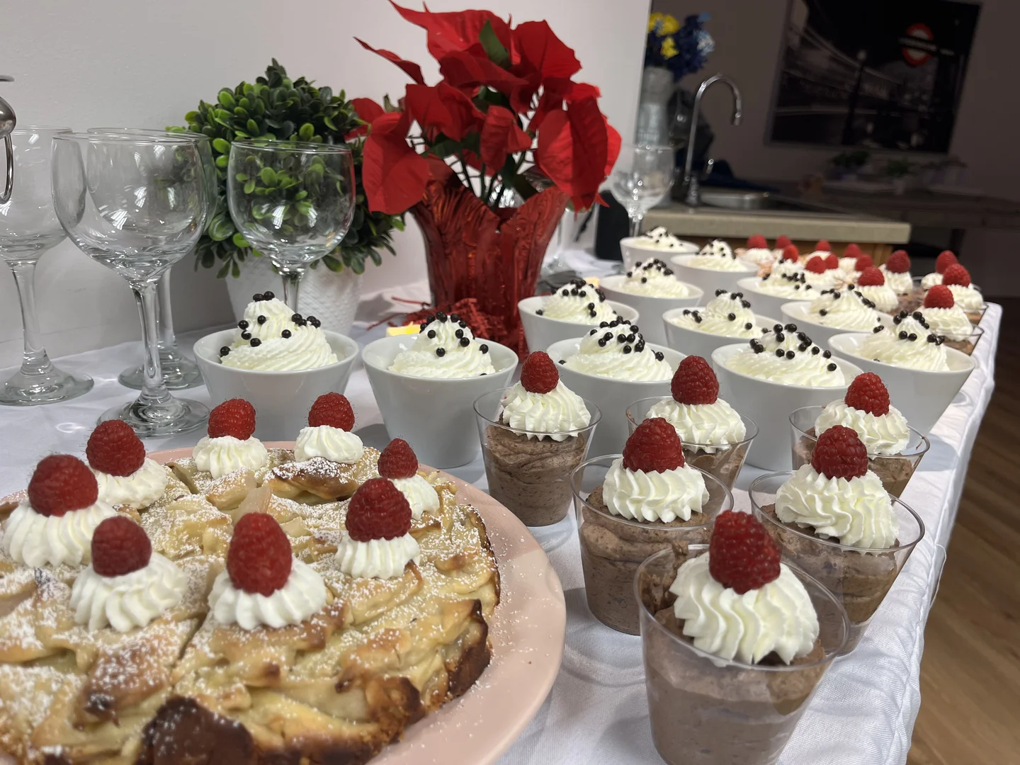 Dessert Spread with Chocolate Mousse Cups, Pastry Cake, and Whipped Cream Bowls — Reunion Catering