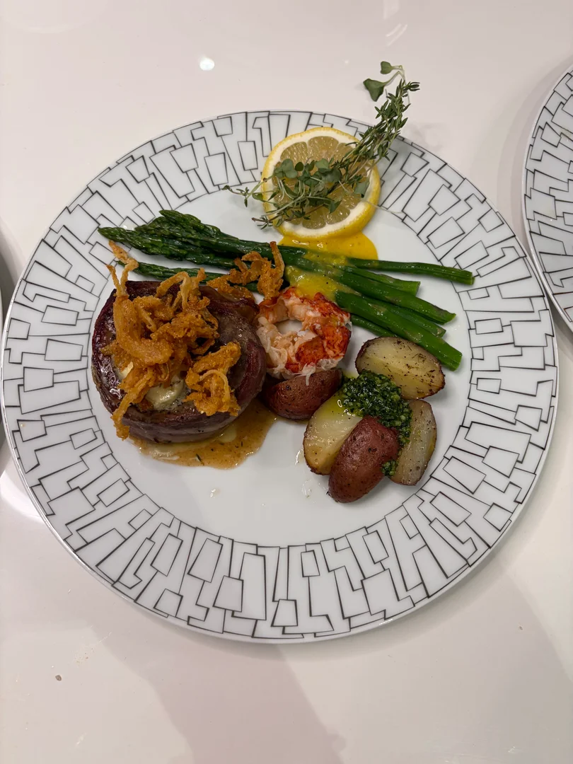 Pan-Seared Beef Tenderloin with Crispy Onions, Roasted Potatoes, and Asparagus — Chef Charles Schulman